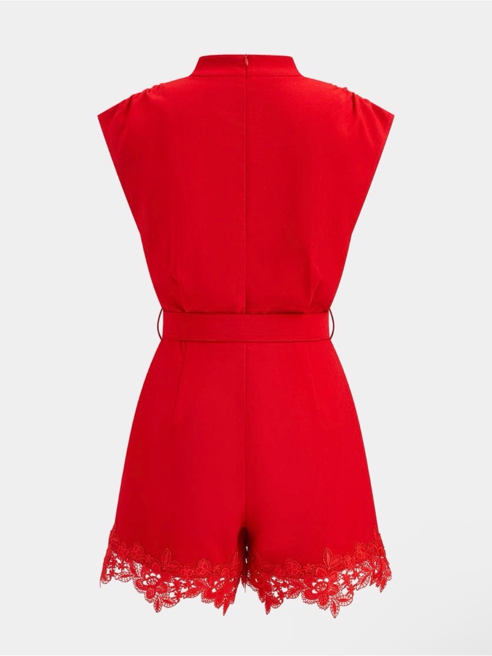 Commense Red Sleeveless Lace-Hem Belted Romper - Picture 3 of 6